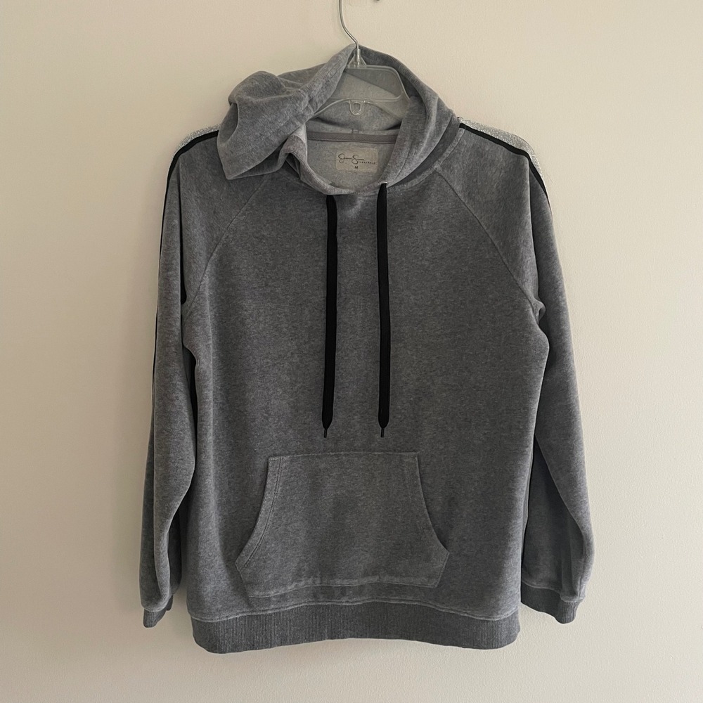Jessica Simpson Pullover Gray Glitter Stripe Hoodie Sweatshirt Kangaroo Medium